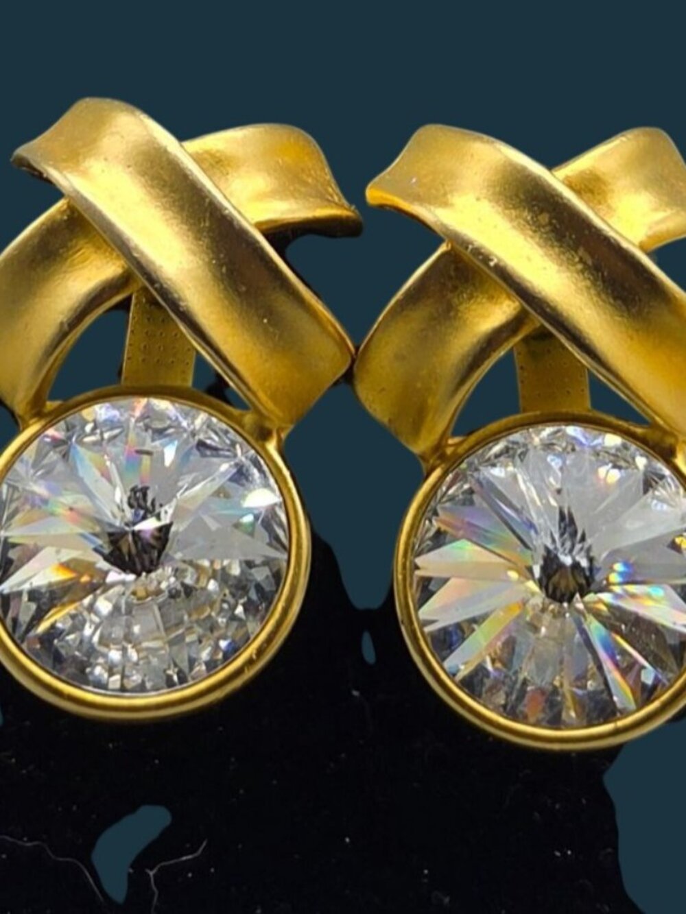 Vtg Norma Jean XO Faceted Rivoli Crystal Clip On Earrings Runway Style 1980s - Picture 8 of 12